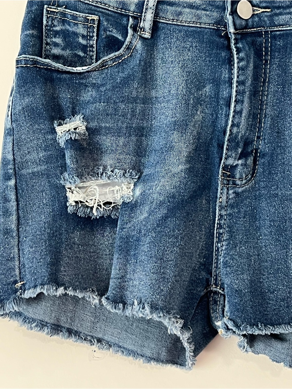 Stretch Denim Distressed Women’s Shorts - Dark Blue Wash - Picture 2 of 5